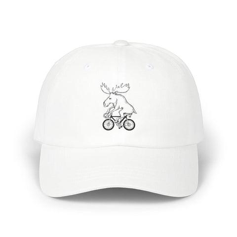 Rack & Cycle white cotton dad cap with a whimsical embroidered moose on a bicycle. Low-profile, adjustable strap.
