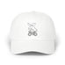 Rack & Cycle white cotton dad cap with a whimsical embroidered moose on a bicycle. Low-profile, adjustable strap.