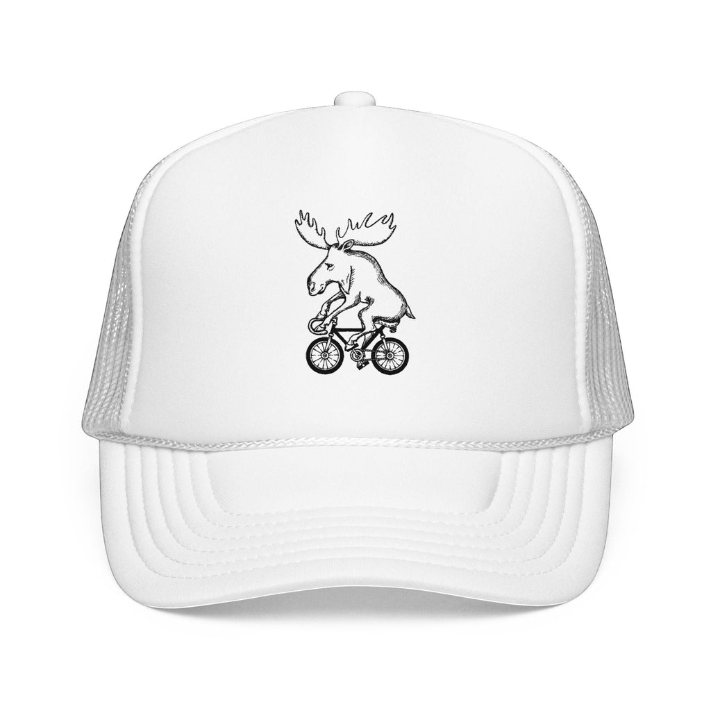 Rack & Cycle white trucker hat with a black embroidered moose riding a bicycle on the front panel. Mesh back for breathability.