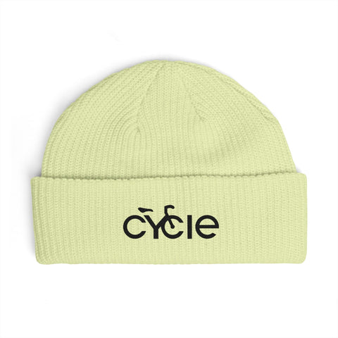 Rack & Cycle light yellow acrylic fisherman beanie with wide ribbed knit and embroidered black 'Cycle' logo on cuff.