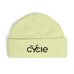 Rack & Cycle light yellow acrylic fisherman beanie with wide ribbed knit and embroidered black 'Cycle' logo on cuff.